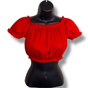 Red Peasant Crop Top Short Puff Ruffle Sleeve Stretch Pinup - Small
